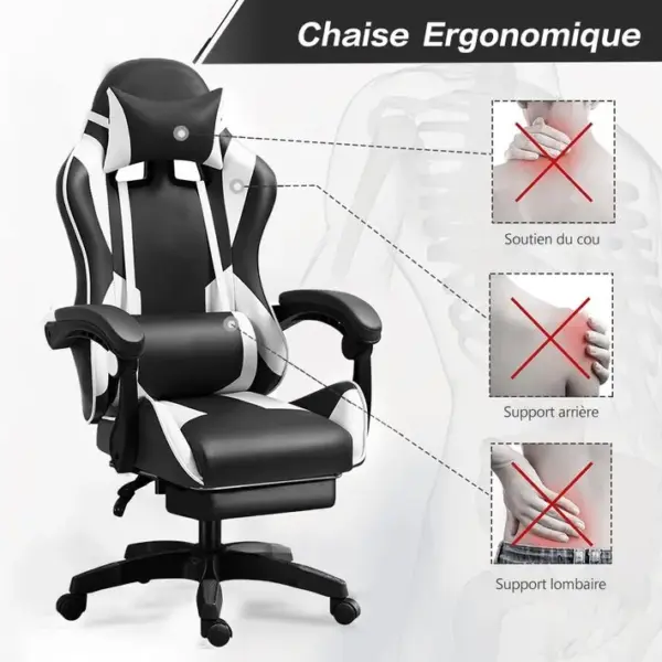 Fauteuil Gamer - Chaise Gaming - Hauteur Réglable - Support Lombaire Et Repose-pieds - Noir Et Blanc