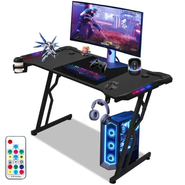 Bureau Gamer Led 120x60x75cm, Rgb Table De Gaming Avec Tapis De Souris, Noir, Forme De Z