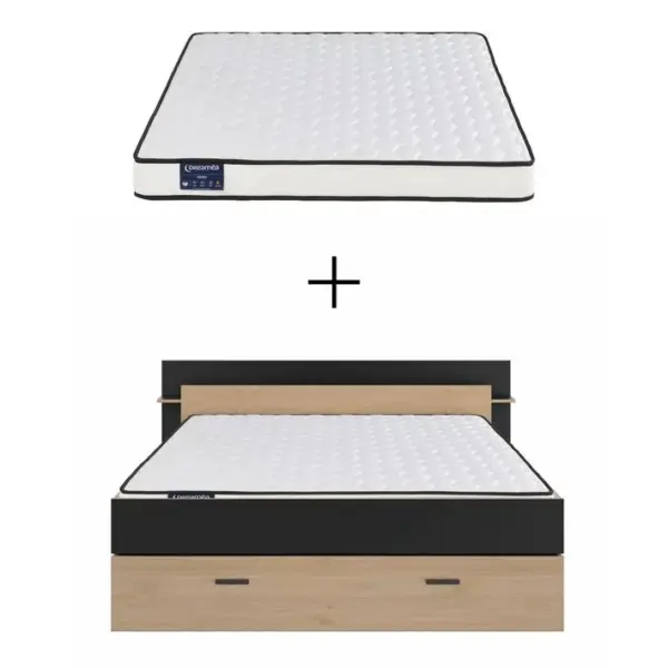 Lit TONIGHT coloris noir/chêne + Sommier MAXI20 + Matelas HARO 140x190 cm